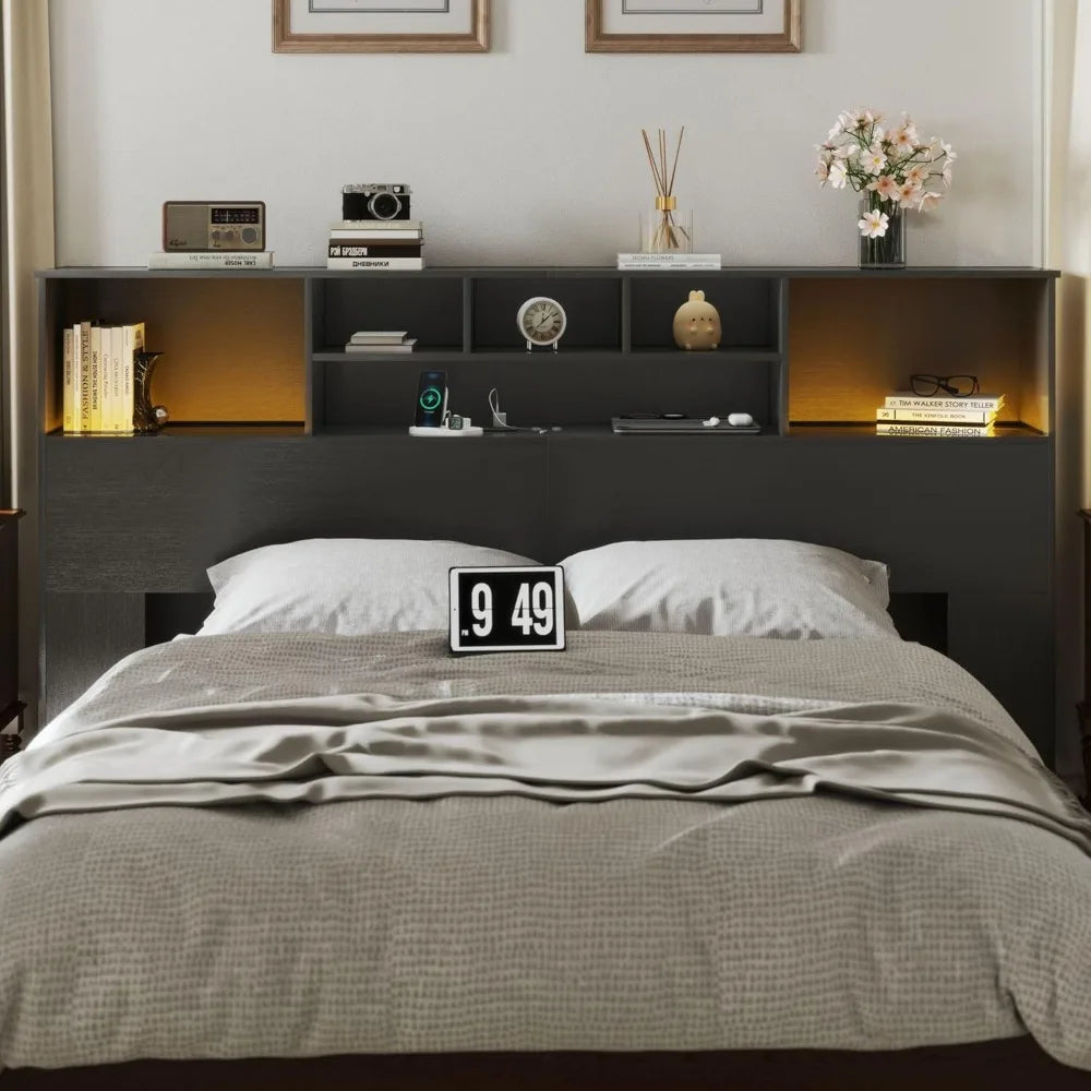 King Black Storage Headboard with USB