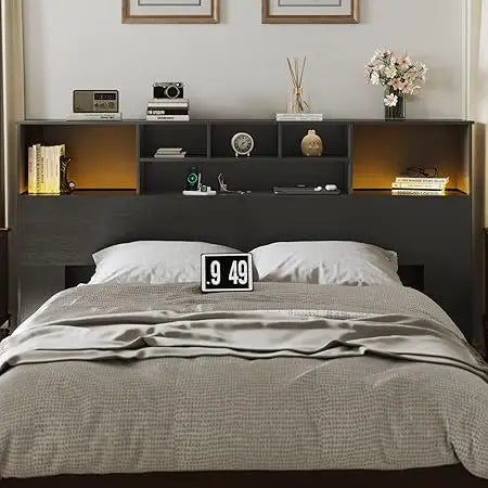 King Black Storage Headboard with USB