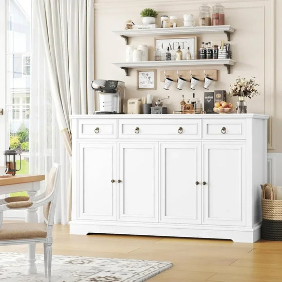 White Large Buffet Sideboard Cabinet - Kitchen Storage with 4 Doors And 3 Drawers Farmhouse Style Dining Room Credenza