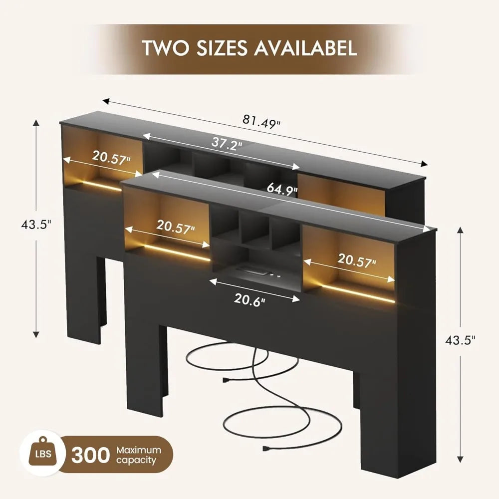 King Black Storage Headboard with USB